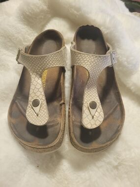 Birkenstock Gizeh Snake-Embossed Thong Sandals in Light Beige